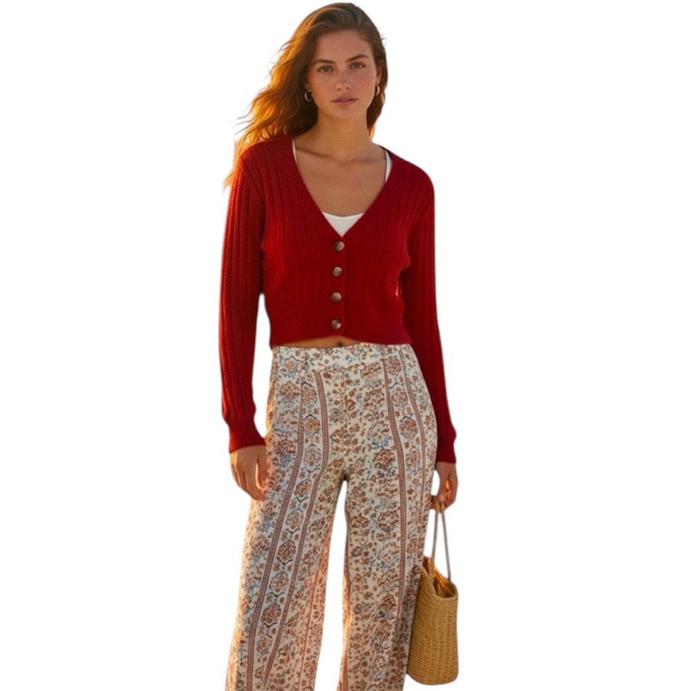 Urban Outfitters V-Neck Ribbed Button Front Cardigan Sweater Red in Size M